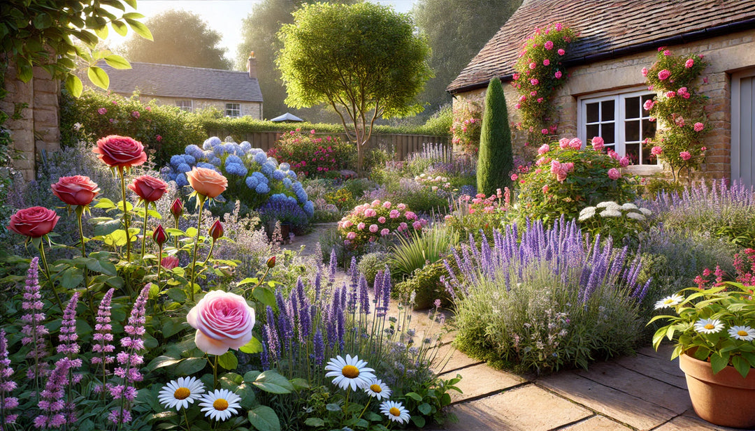 Cottage Garden Image Generated, demonstrating rose bushes, sedums, and other plant varieties.