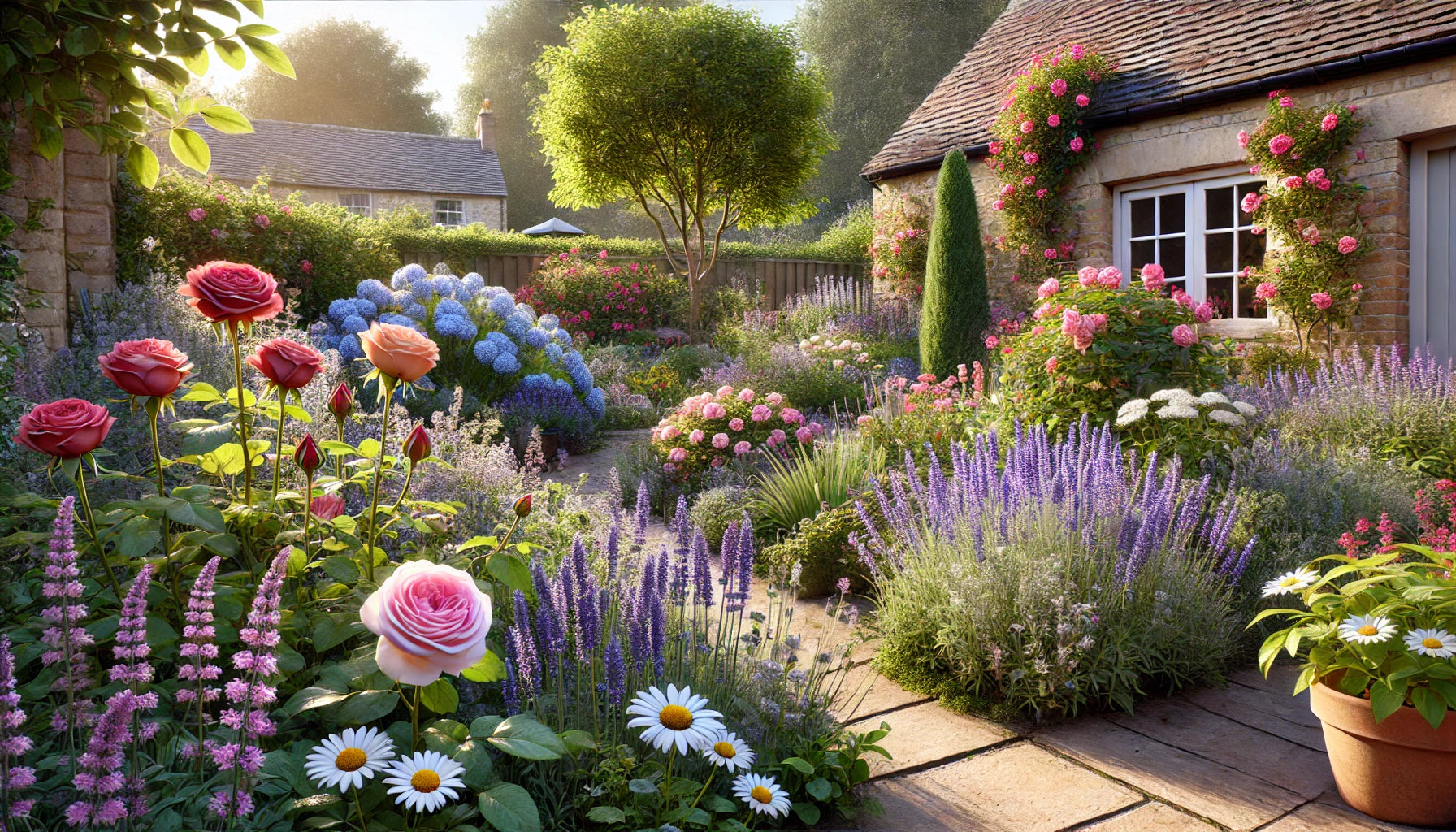 Cottage Garden Image Generated, demonstrating rose bushes, sedums, and other plant varieties.